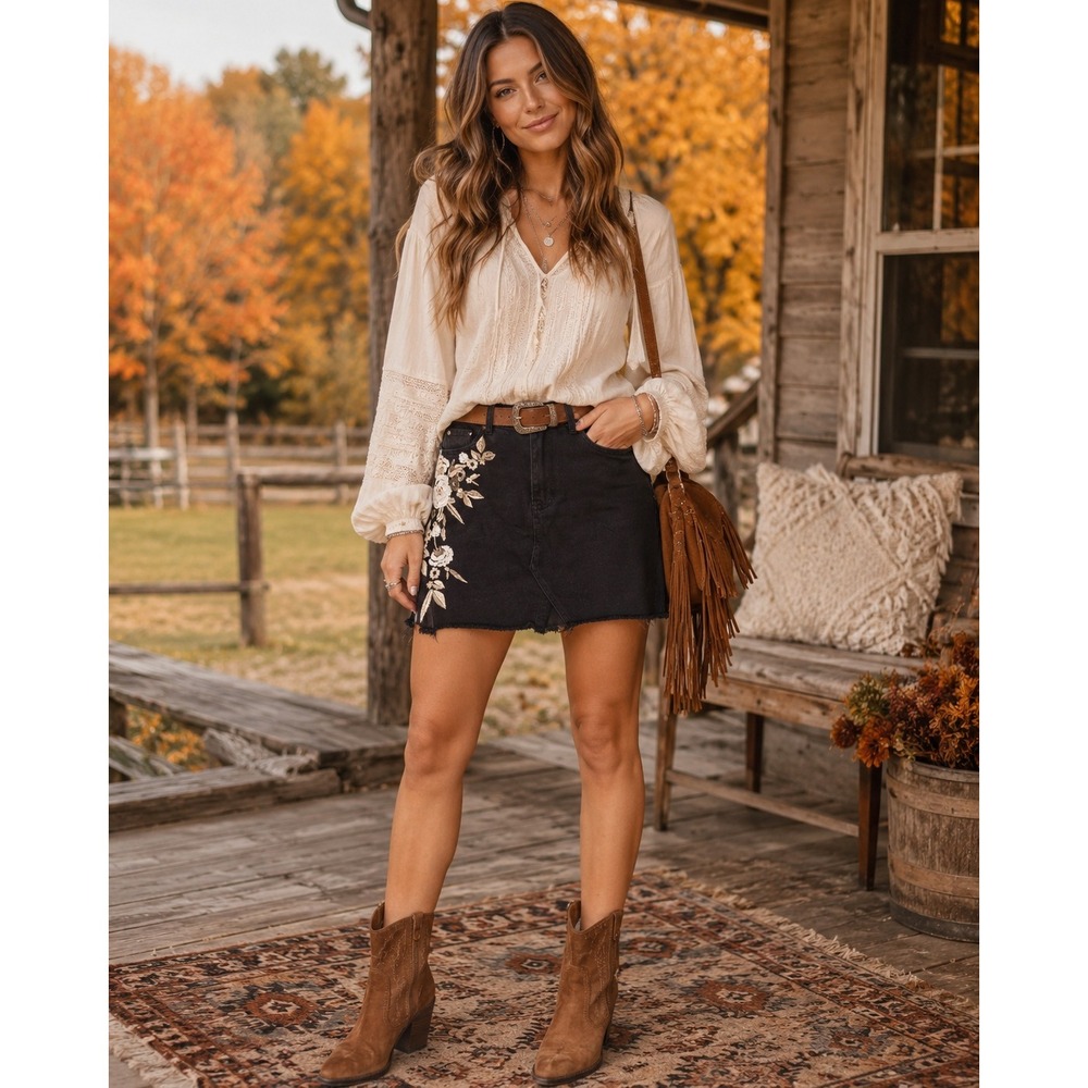 Mittoshop Womens Black Floral Embroidered Denim Mini Skirt Raw Hem Size M